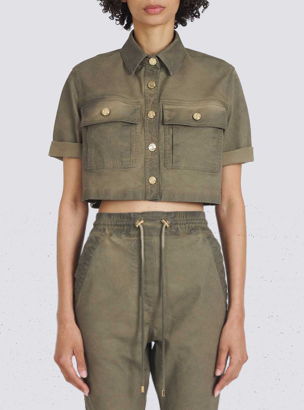 Balmain Cropped Denim Shirt Khaki | YAFTXGI-16