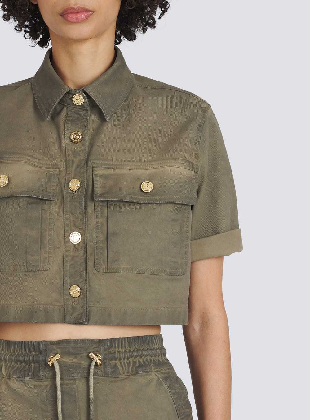 Balmain Cropped Denim Shirt Khaki | YAFTXGI-16