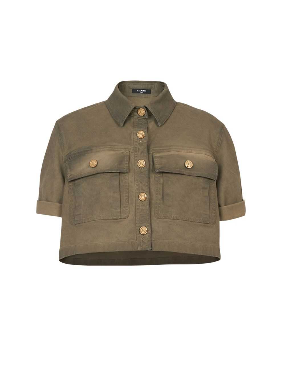 Balmain Cropped Denim Shirt Khaki | YAFTXGI-16