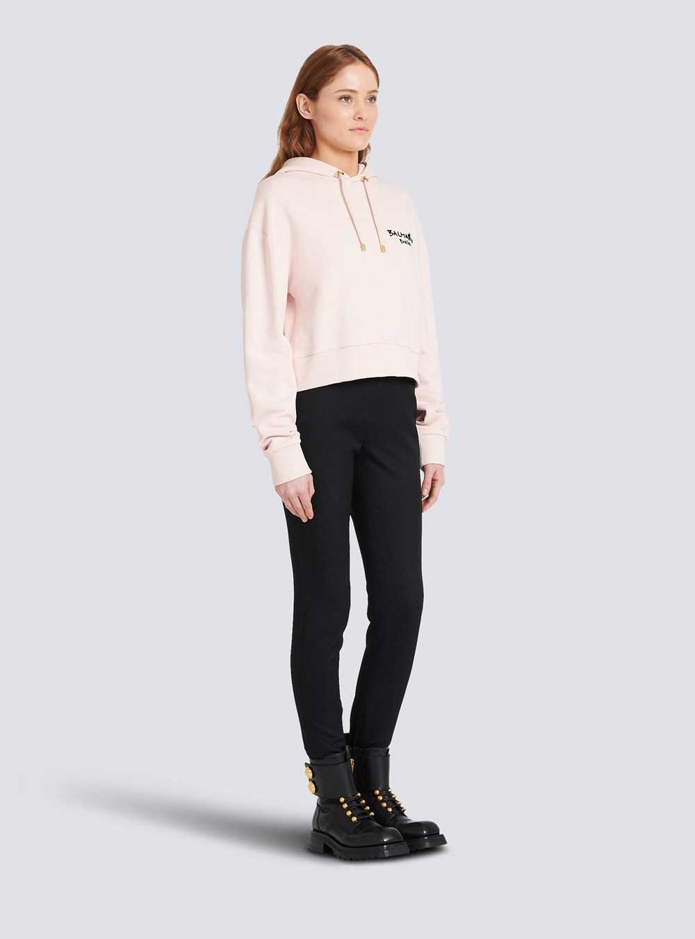 Balmain Cropped Eco-design Cotton Sweatshirt With Flocked Graffiti Balmain Logo Pink | DVMZXPF-48