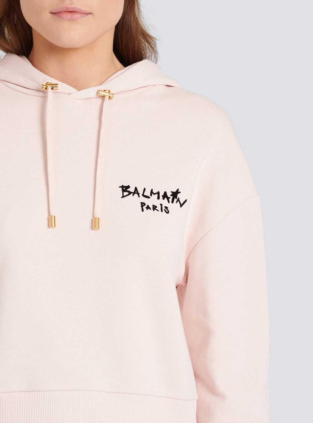 Balmain Cropped Eco-design Cotton Sweatshirt With Flocked Graffiti Balmain Logo Pink | DVMZXPF-48