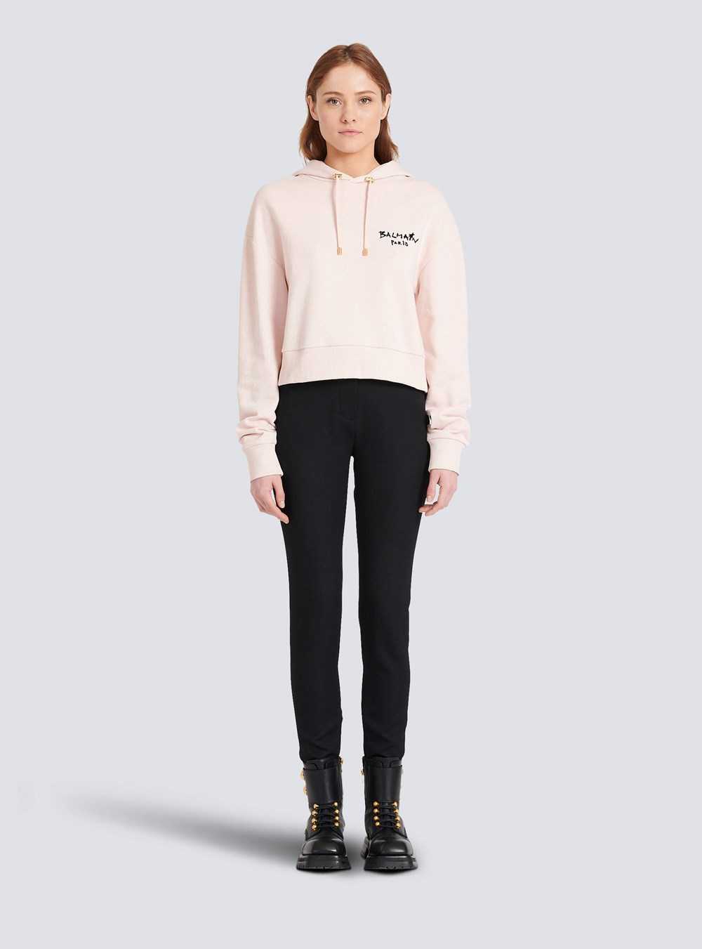 Balmain Cropped Eco-design Cotton Sweatshirt With Flocked Graffiti Balmain Logo Pink | DVMZXPF-48