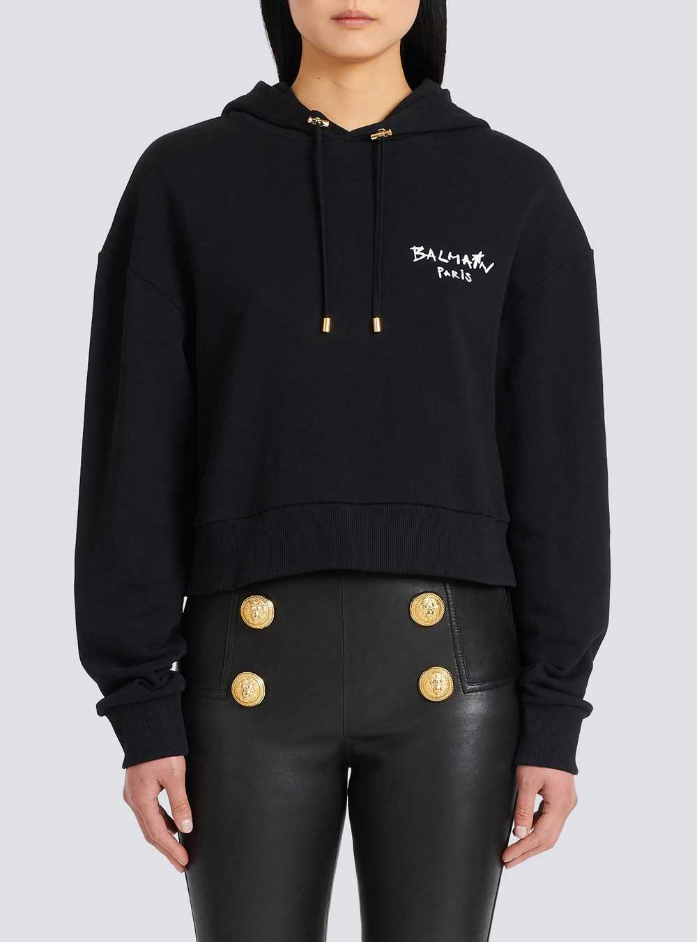 Balmain Cropped Eco-design Cotton Sweatshirt With Flocked Graffiti Balmain Logo Black | PJHSAZT-86