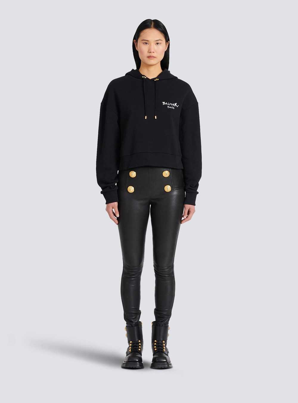 Balmain Cropped Eco-design Cotton Sweatshirt With Flocked Graffiti Balmain Logo Black | PJHSAZT-86