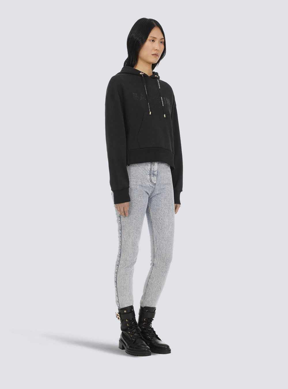 Balmain Cropped Eco-designed Cotton Sweatshirt With Rhinestone Balmain Logo Black | JWALROM-65