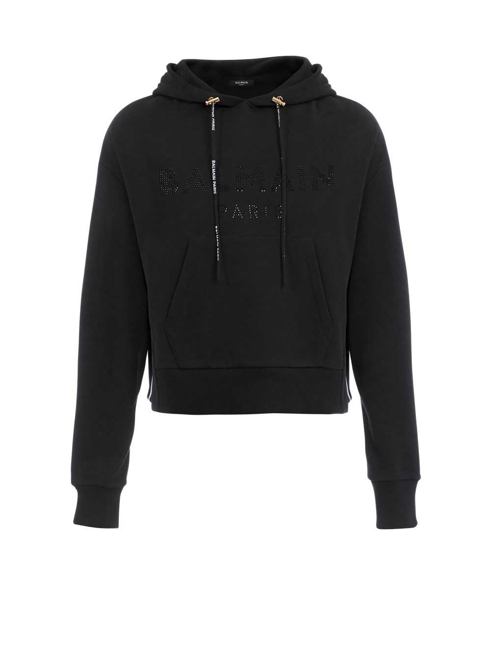 Balmain Cropped Eco-designed Cotton Sweatshirt With Rhinestone Balmain Logo Black | JWALROM-65