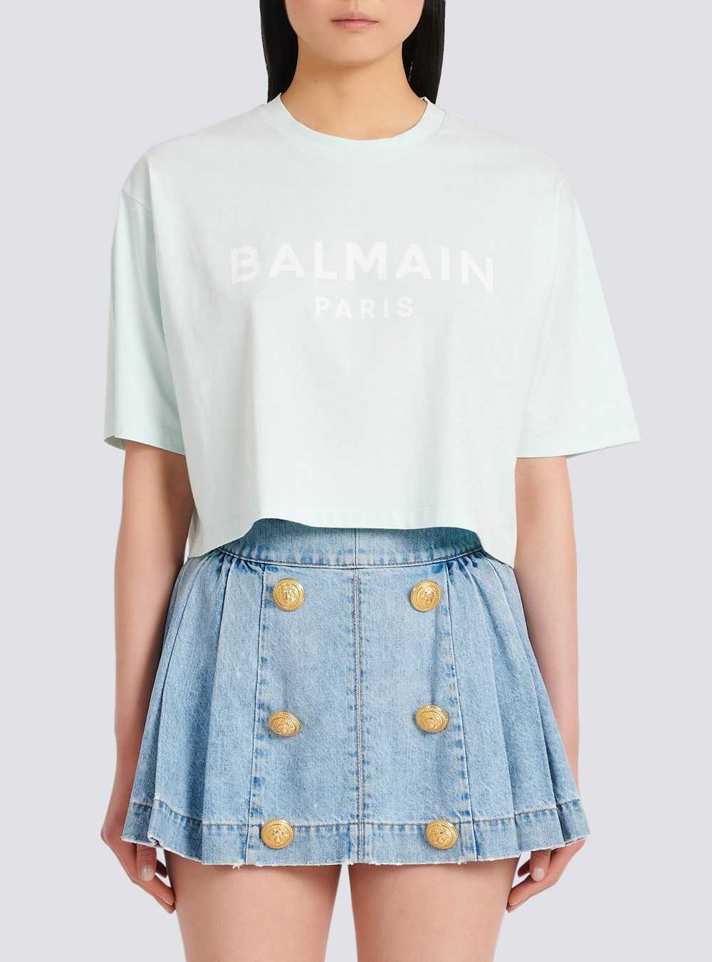 Balmain Cropped Eco-designed Cotton T-shirt With Balmain Logo Print Green | CHDANIZ-85