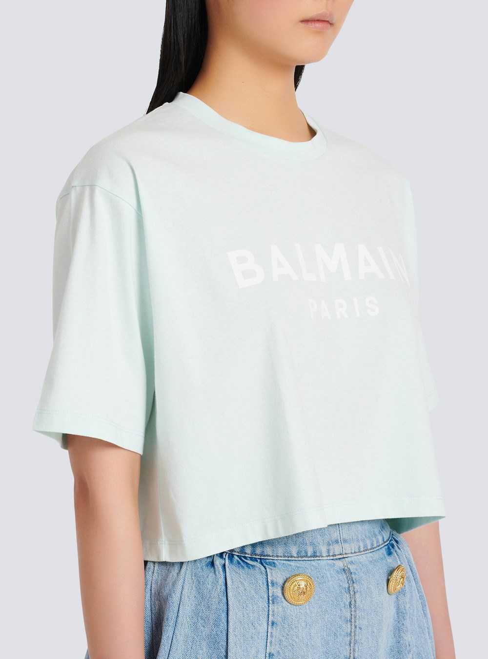 Balmain Cropped Eco-designed Cotton T-shirt With Balmain Logo Print Green | CHDANIZ-85