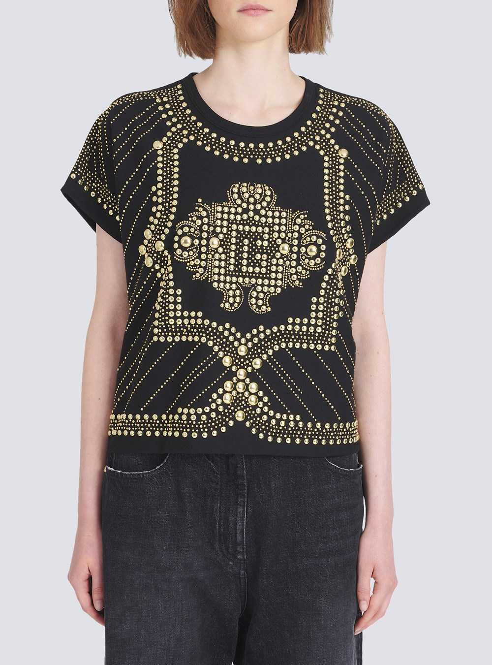 Balmain Cropped Eco-designed Cotton T-shirt With Embroidered Gold-tone Studs Gold | DMWJAPV-43