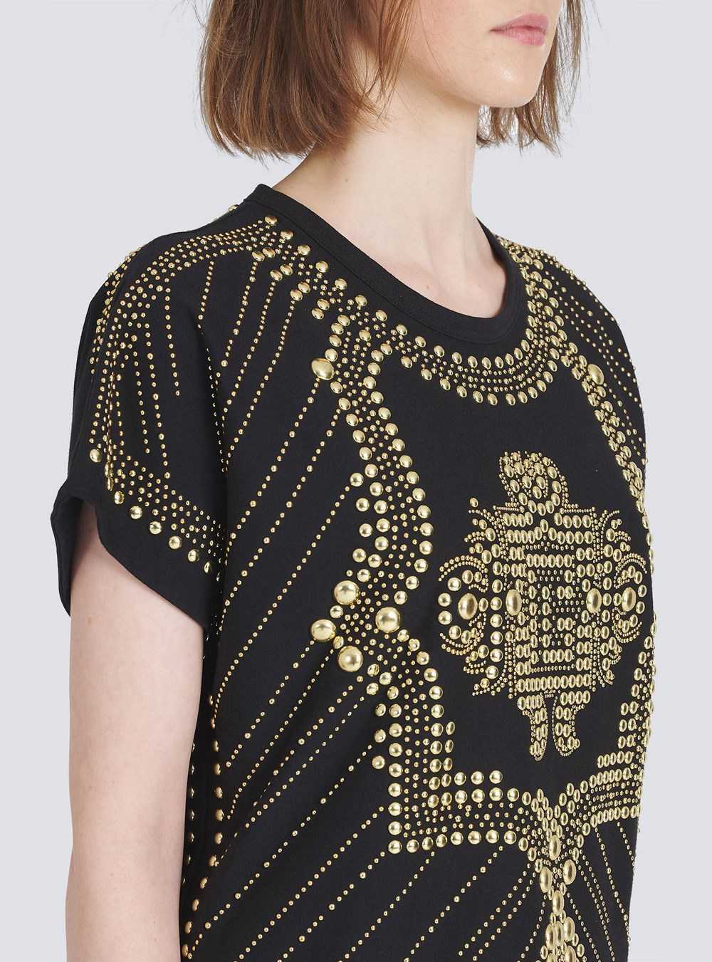 Balmain Cropped Eco-designed Cotton T-shirt With Embroidered Gold-tone Studs Gold | DMWJAPV-43