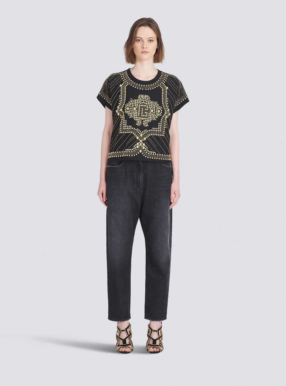 Balmain Cropped Eco-designed Cotton T-shirt With Embroidered Gold-tone Studs Gold | DMWJAPV-43