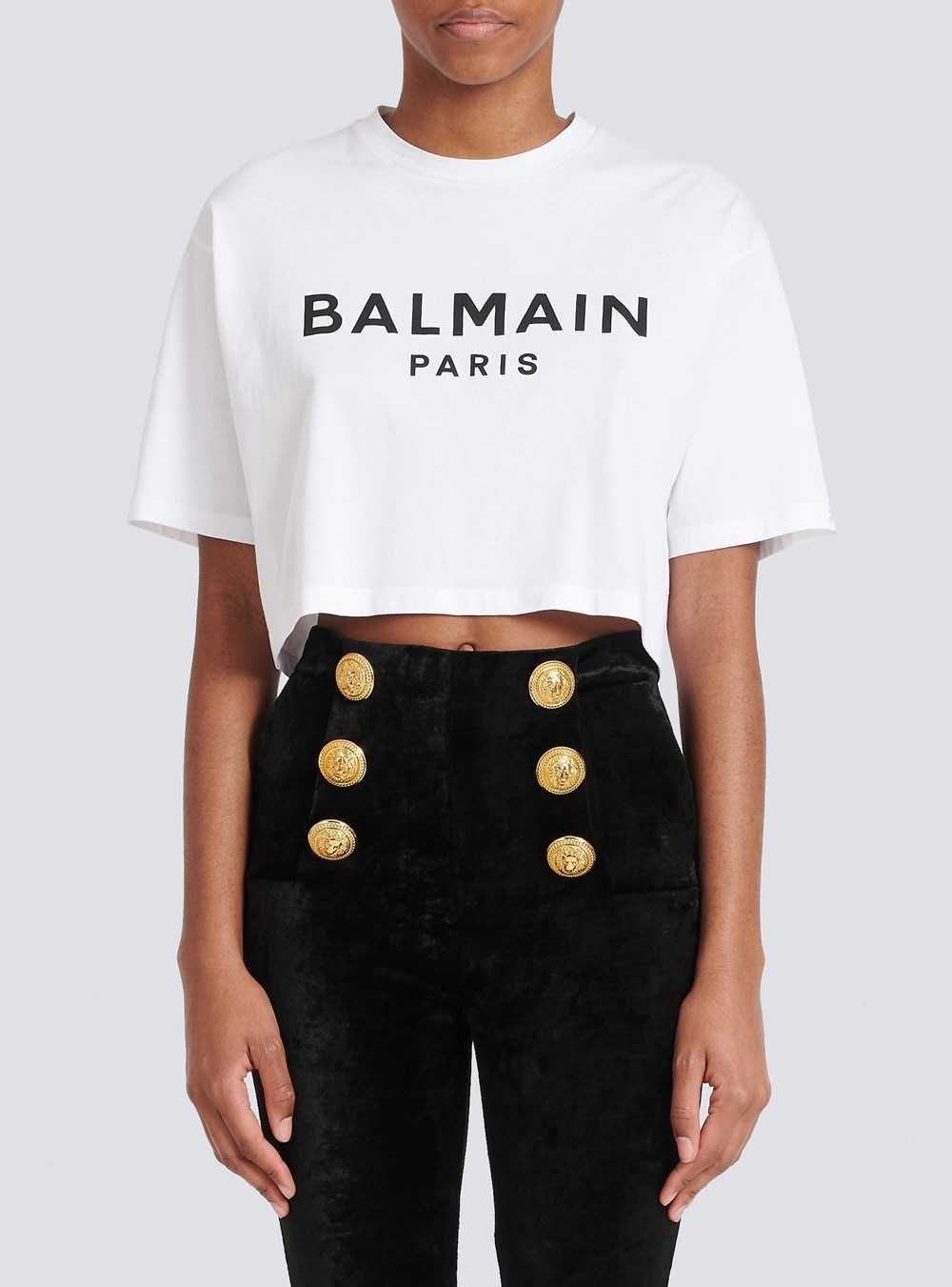 Balmain Cropped Eco-designed Cotton T-shirt With Balmain Logo Print White | GXULIVD-10