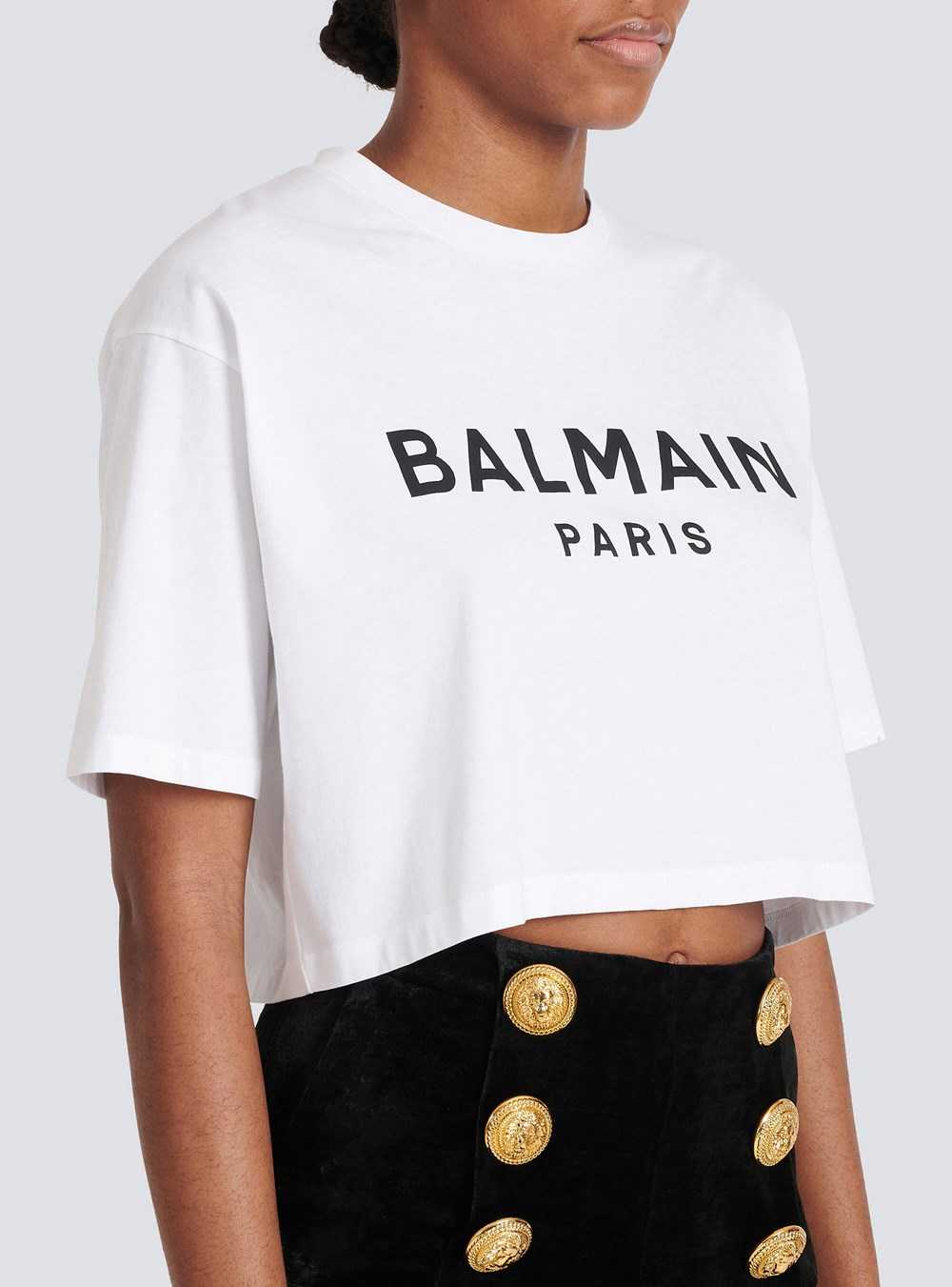 Balmain Cropped Eco-designed Cotton T-shirt With Balmain Logo Print White | GXULIVD-10