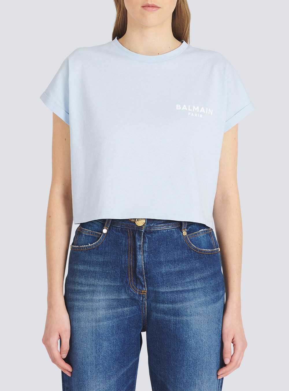 Balmain Cropped Eco-designed Cotton T-shirt With Small Flocked Balmain Logo Blue | HMDJFLI-01