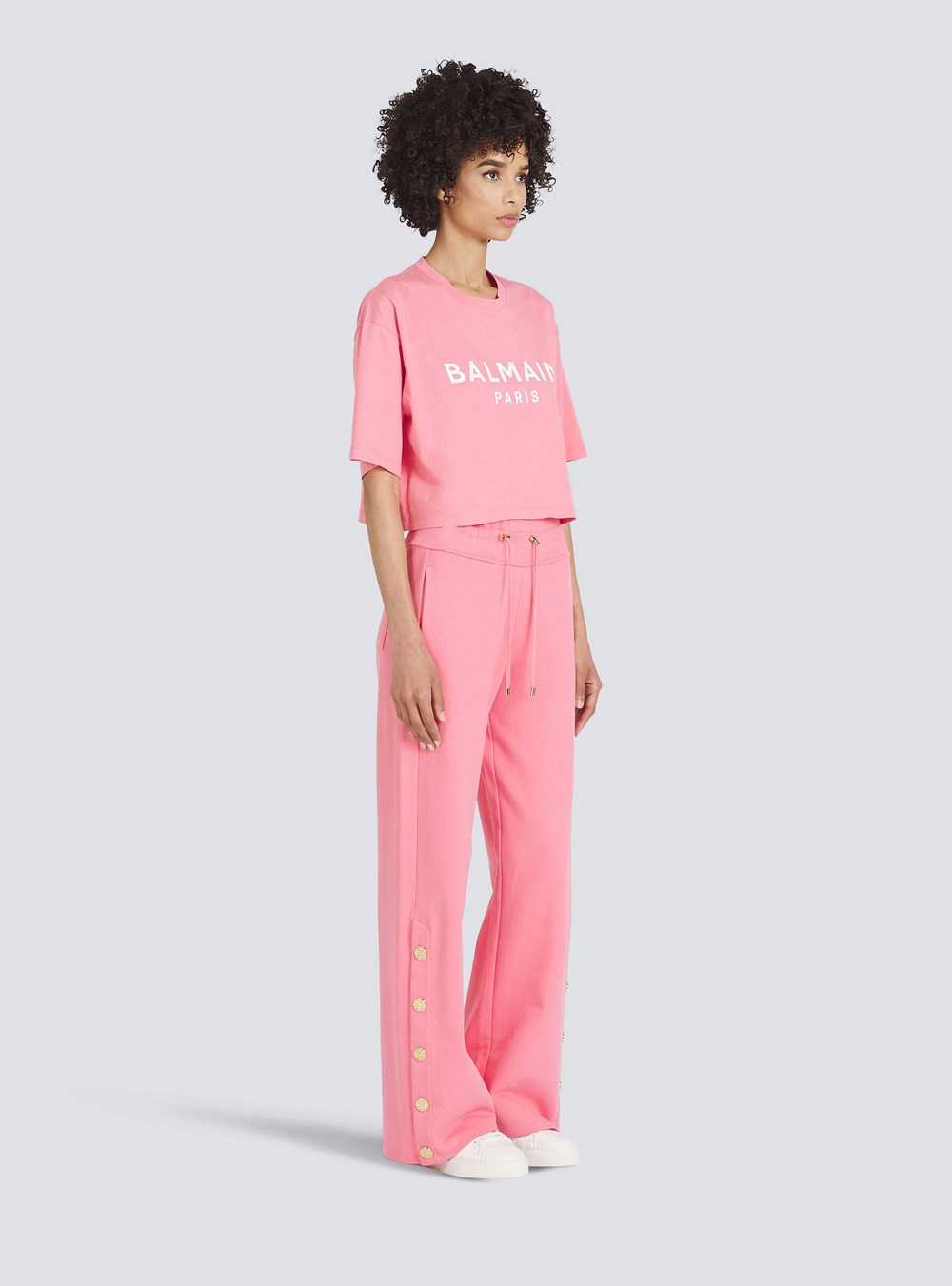 Balmain Cropped Eco-designed Cotton T-shirt With Balmain Logo Print Pink | IGVNRAF-57