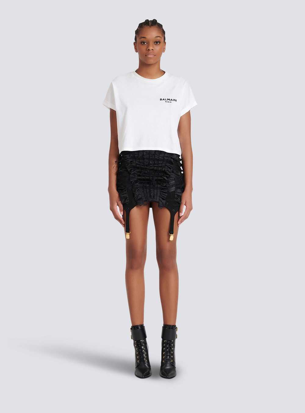 Balmain Cropped Eco-designed Cotton T-shirt With Small Flocked Balmain Logo White | NXUOYED-23