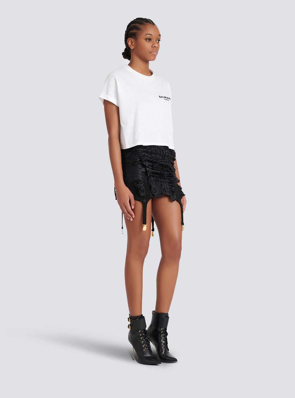 Balmain Cropped Eco-designed Cotton T-shirt With Small Flocked Balmain Logo White | NXUOYED-23