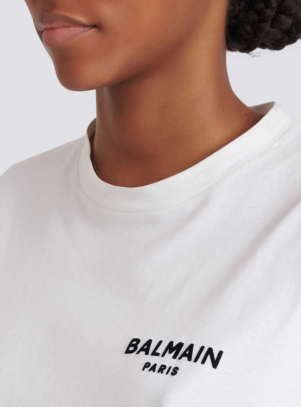 Balmain Cropped Eco-designed Cotton T-shirt With Small Flocked Balmain Logo White | NXUOYED-23