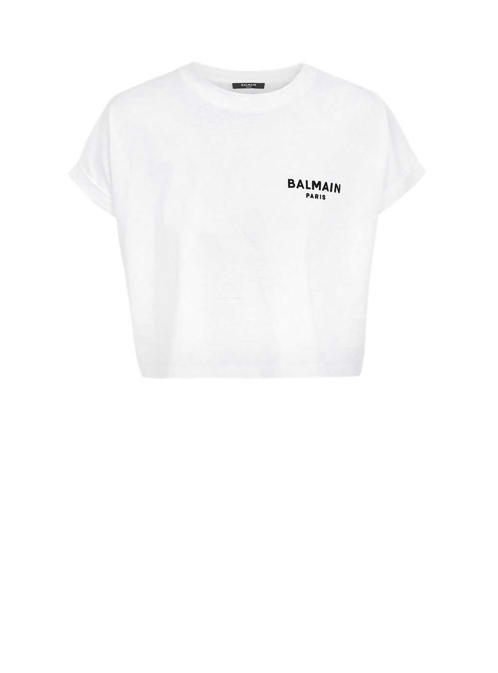 Balmain Cropped Eco-designed Cotton T-shirt With Small Flocked Balmain Logo White | NXUOYED-23