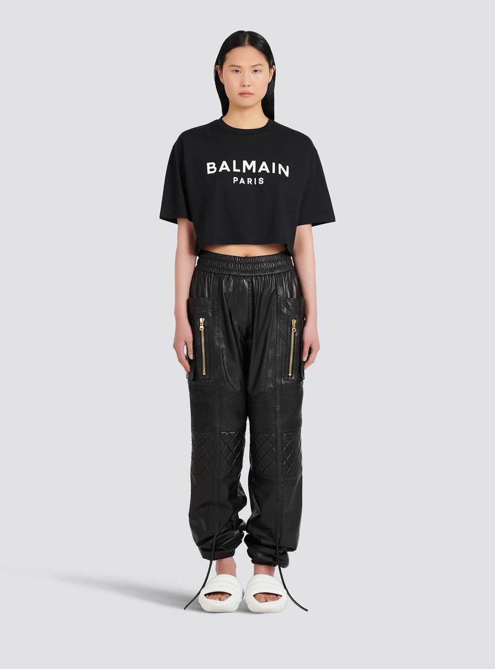 Balmain Cropped Eco-designed Cotton T-shirt With Balmain Logo Print Black | UVAMPHD-17