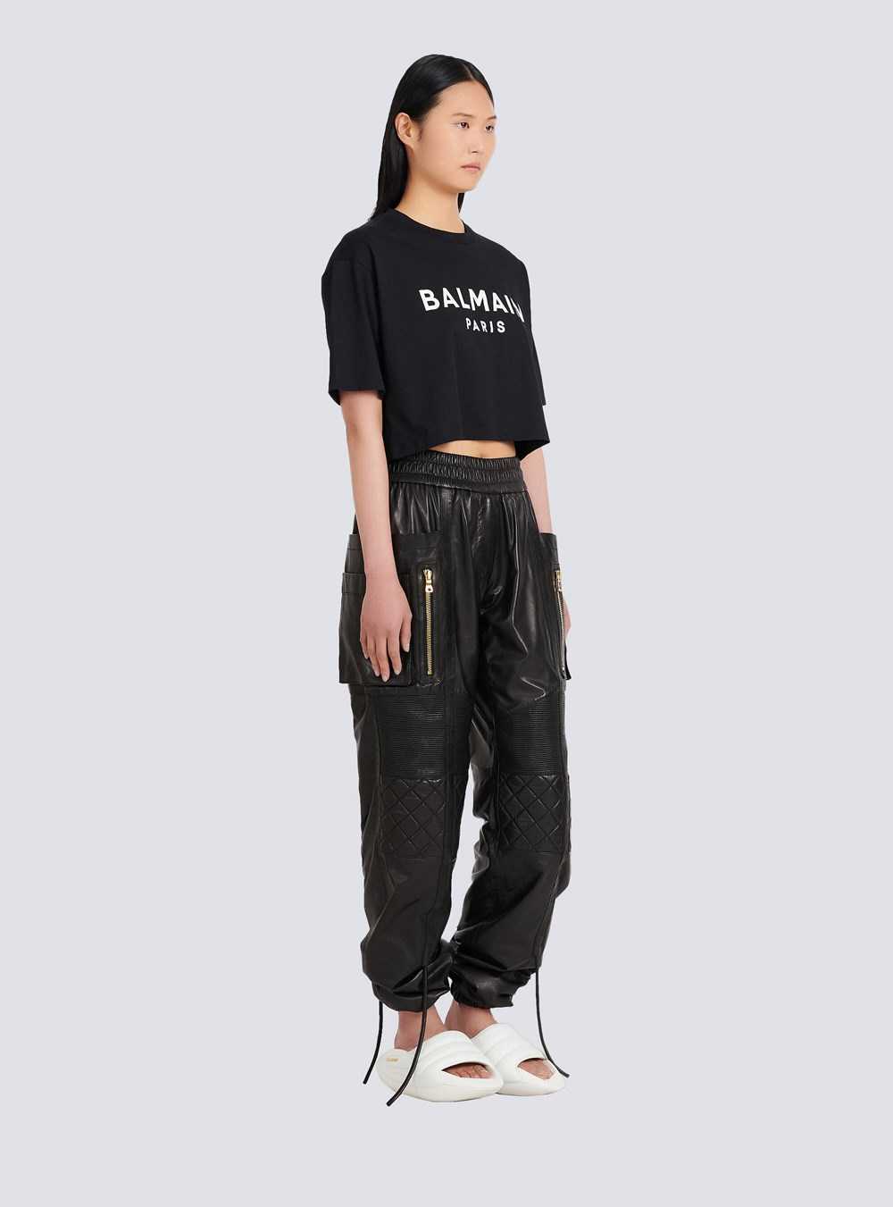 Balmain Cropped Eco-designed Cotton T-shirt With Balmain Logo Print Black | UVAMPHD-17