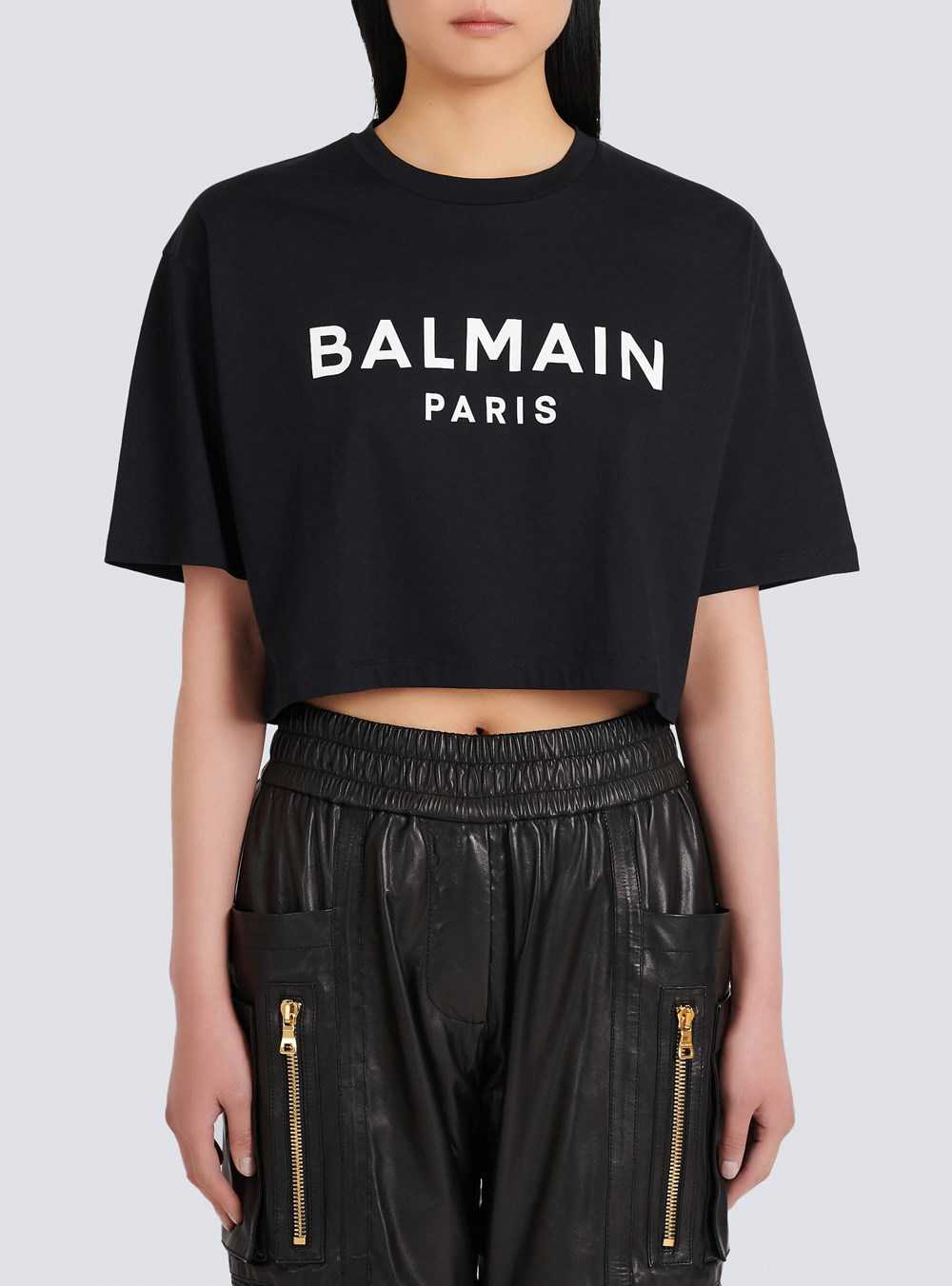 Balmain Cropped Eco-designed Cotton T-shirt With Balmain Logo Print Black | UVAMPHD-17