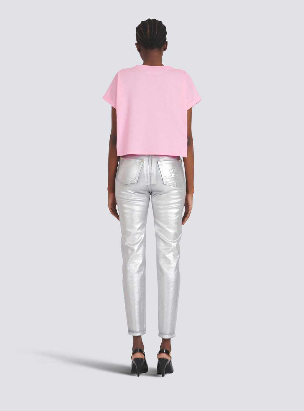 Balmain Cropped Eco-designed Cotton T-shirt With Small Flocked Balmain Logo Pink | YTOKGHV-03