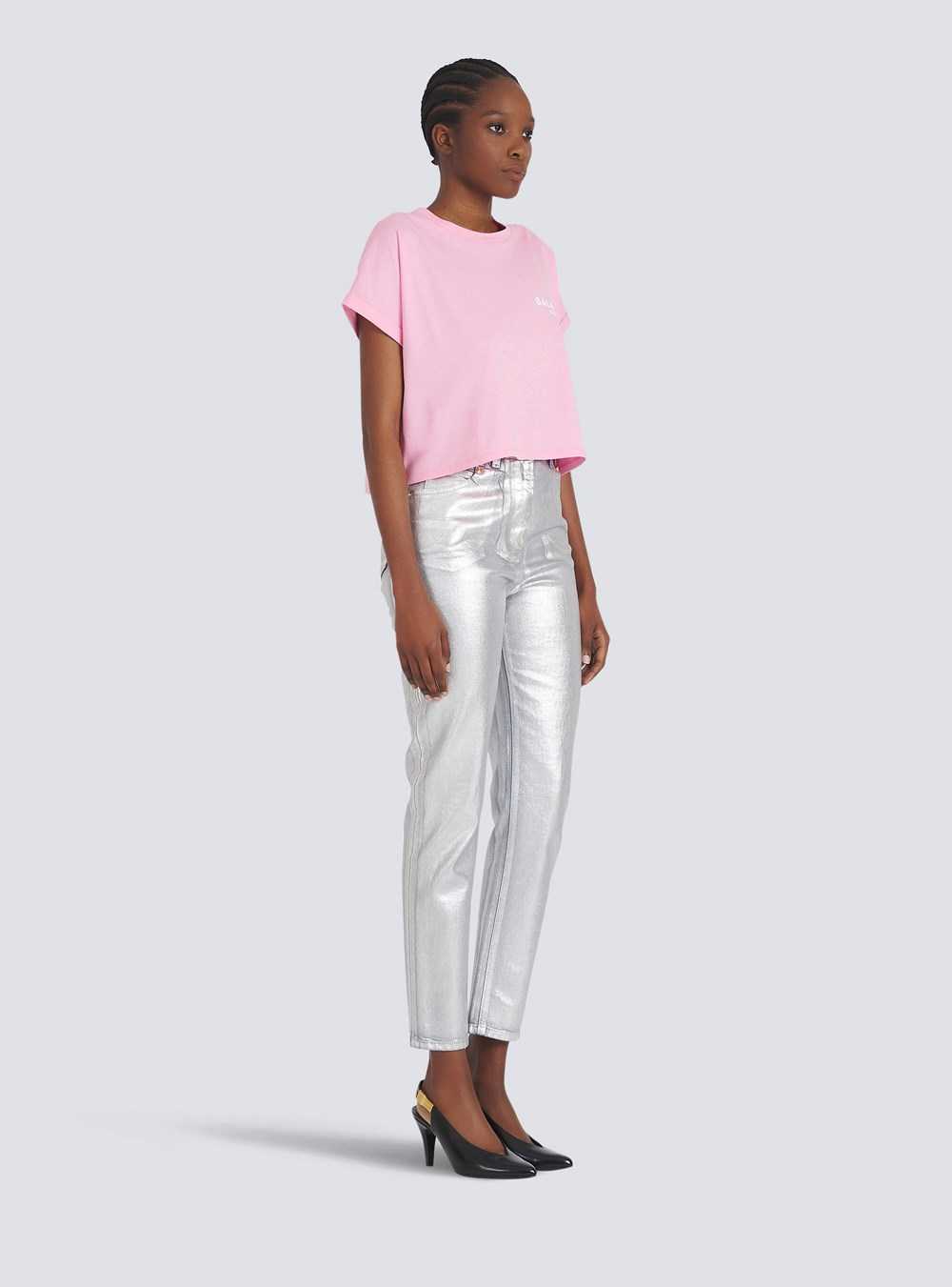 Balmain Cropped Eco-designed Cotton T-shirt With Small Flocked Balmain Logo Pink | YTOKGHV-03