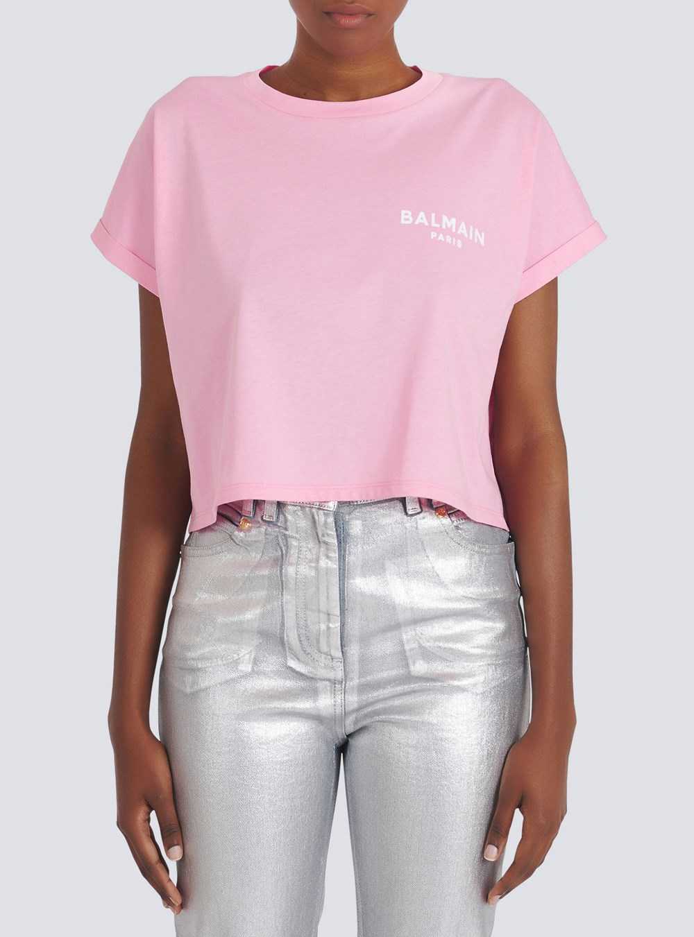 Balmain Cropped Eco-designed Cotton T-shirt With Small Flocked Balmain Logo Pink | YTOKGHV-03