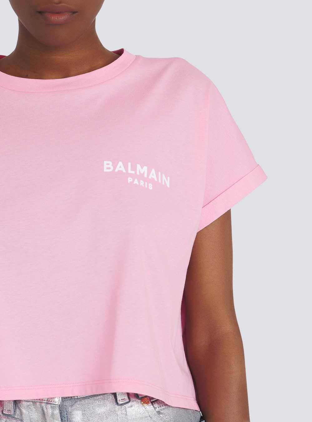 Balmain Cropped Eco-designed Cotton T-shirt With Small Flocked Balmain Logo Pink | YTOKGHV-03