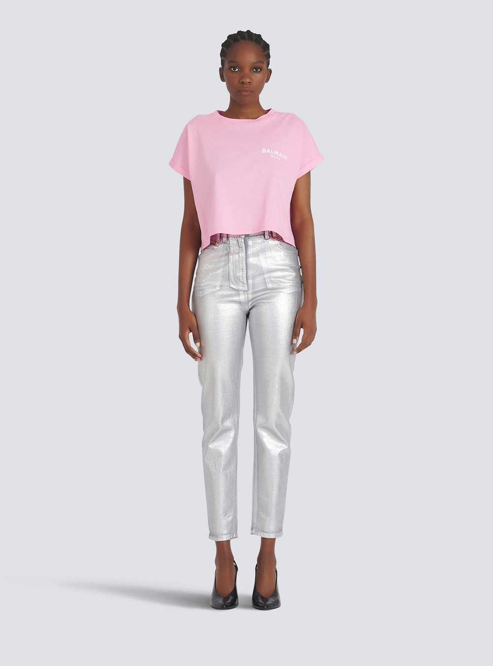 Balmain Cropped Eco-designed Cotton T-shirt With Small Flocked Balmain Logo Pink | YTOKGHV-03