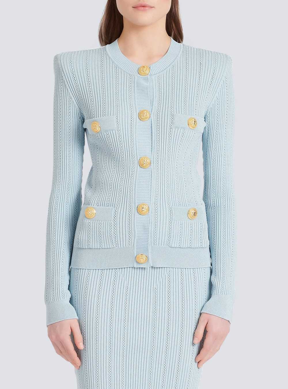 Balmain Cropped Eco-designed Knit Cardigan With Gold-tone Buttons Blue | EAYXFVL-23