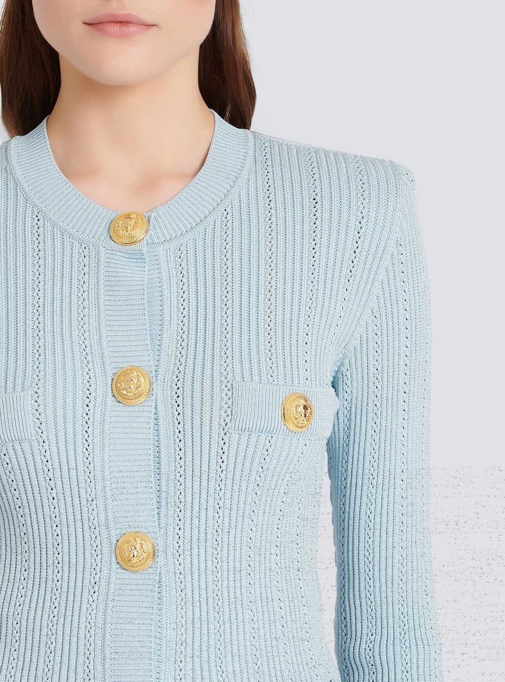 Balmain Cropped Eco-designed Knit Cardigan With Gold-tone Buttons Blue | EAYXFVL-23