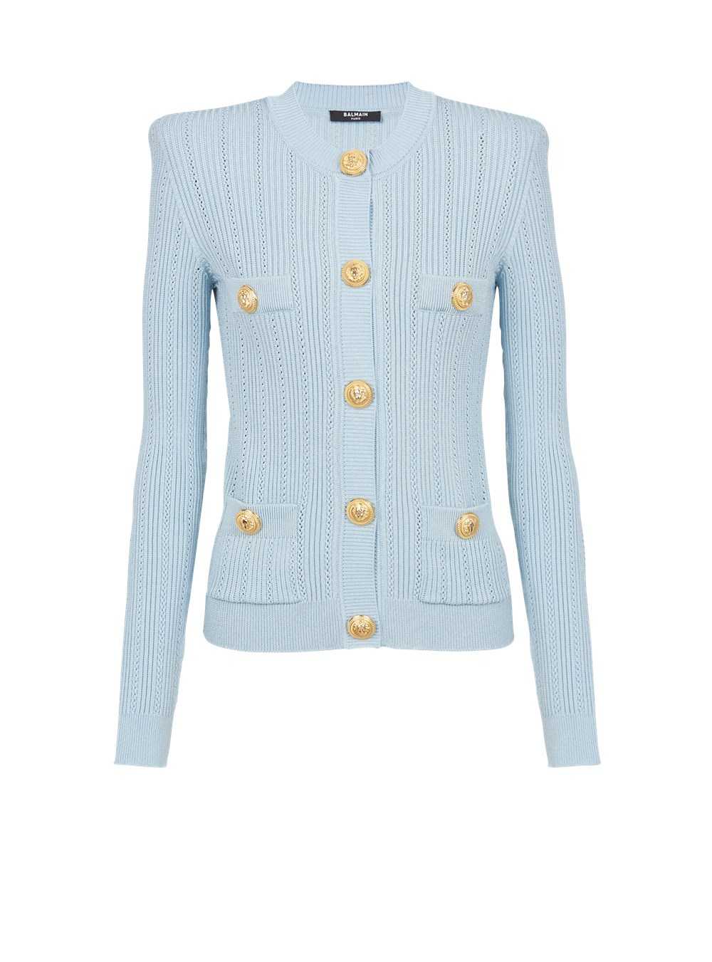 Balmain Cropped Eco-designed Knit Cardigan With Gold-tone Buttons Blue | EAYXFVL-23