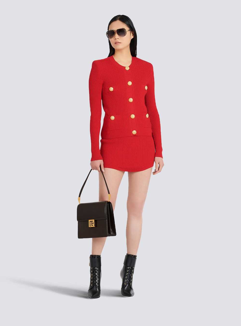 Balmain Cropped Eco-designed Knit Cardigan With Gold-tone Buttons Red | XGCQYJV-78