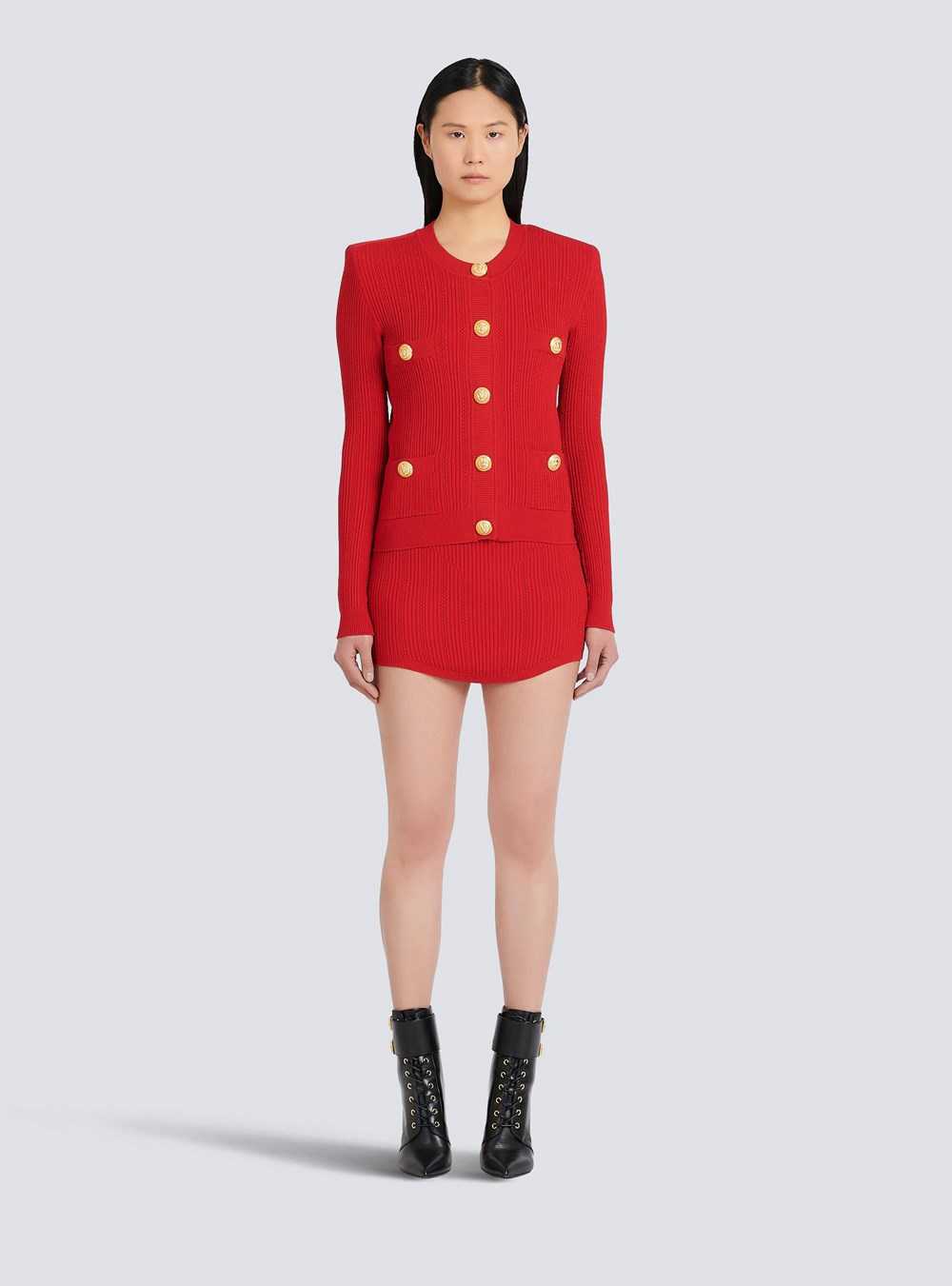 Balmain Cropped Eco-designed Knit Cardigan With Gold-tone Buttons Red | XGCQYJV-78