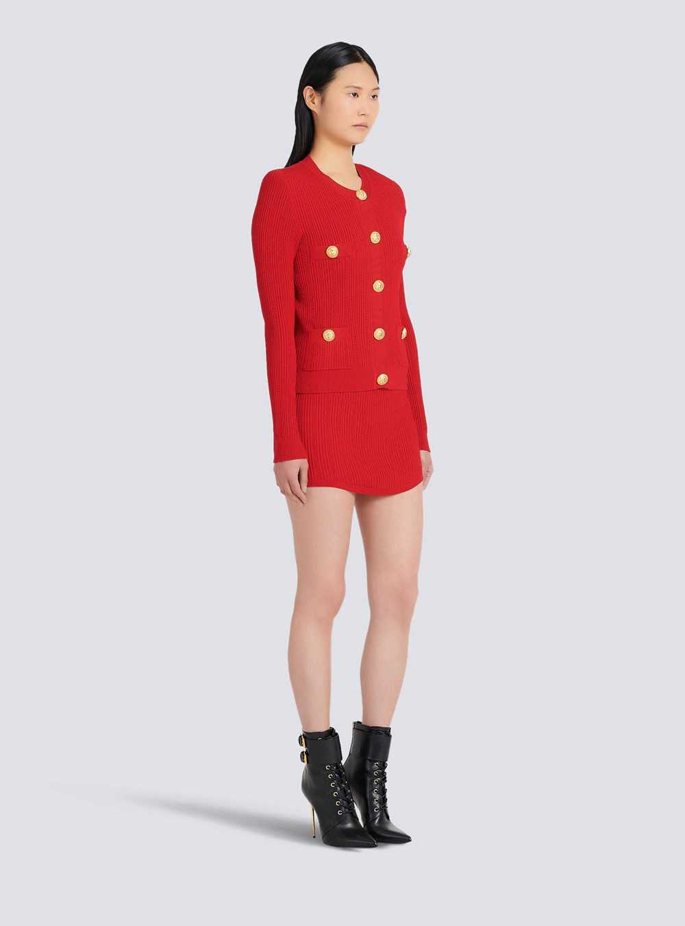 Balmain Cropped Eco-designed Knit Cardigan With Gold-tone Buttons Red | XGCQYJV-78