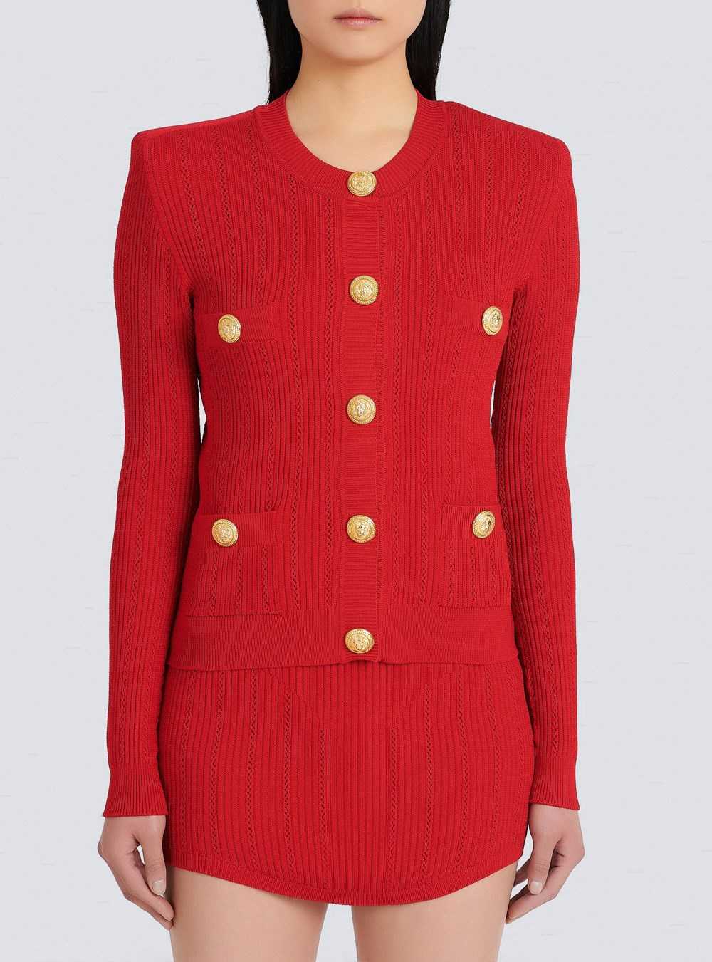 Balmain Cropped Eco-designed Knit Cardigan With Gold-tone Buttons Red | XGCQYJV-78