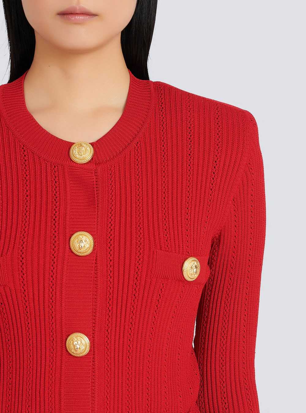 Balmain Cropped Eco-designed Knit Cardigan With Gold-tone Buttons Red | XGCQYJV-78