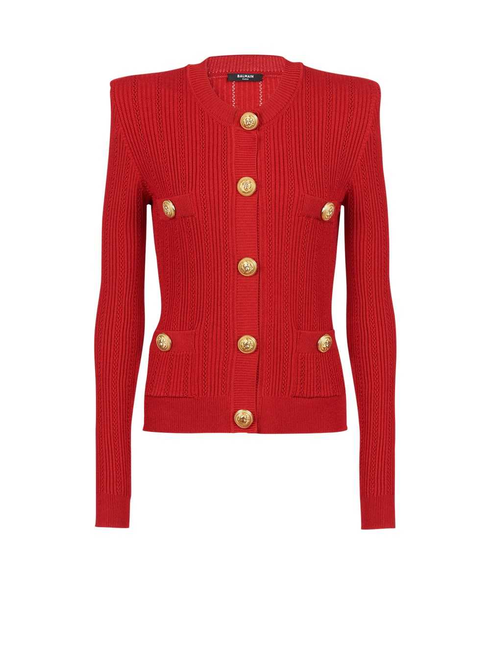 Balmain Cropped Eco-designed Knit Cardigan With Gold-tone Buttons Red | XGCQYJV-78