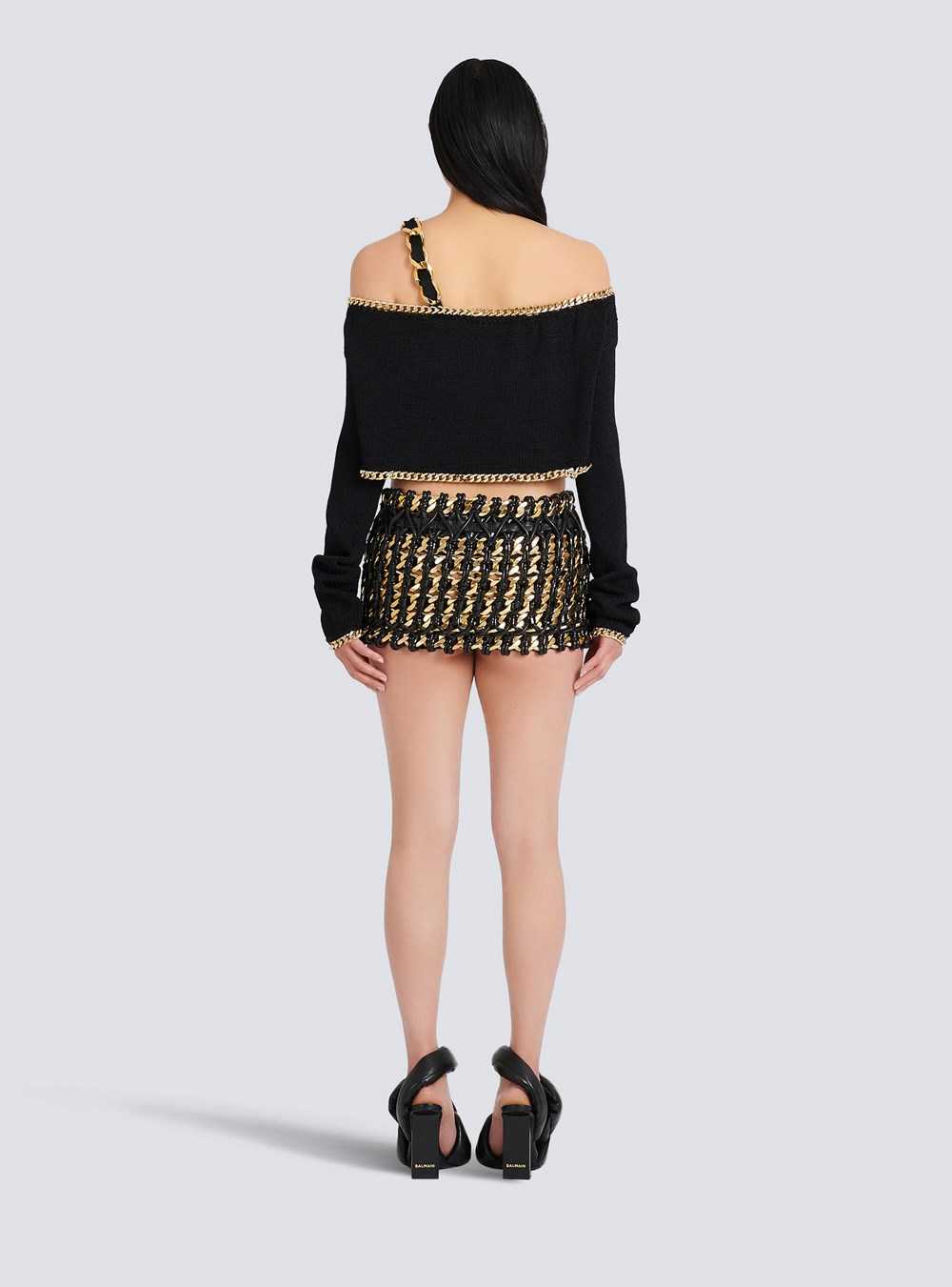 Balmain Cropped Eco-designed Knit Sweater Black | XEGASOQ-54