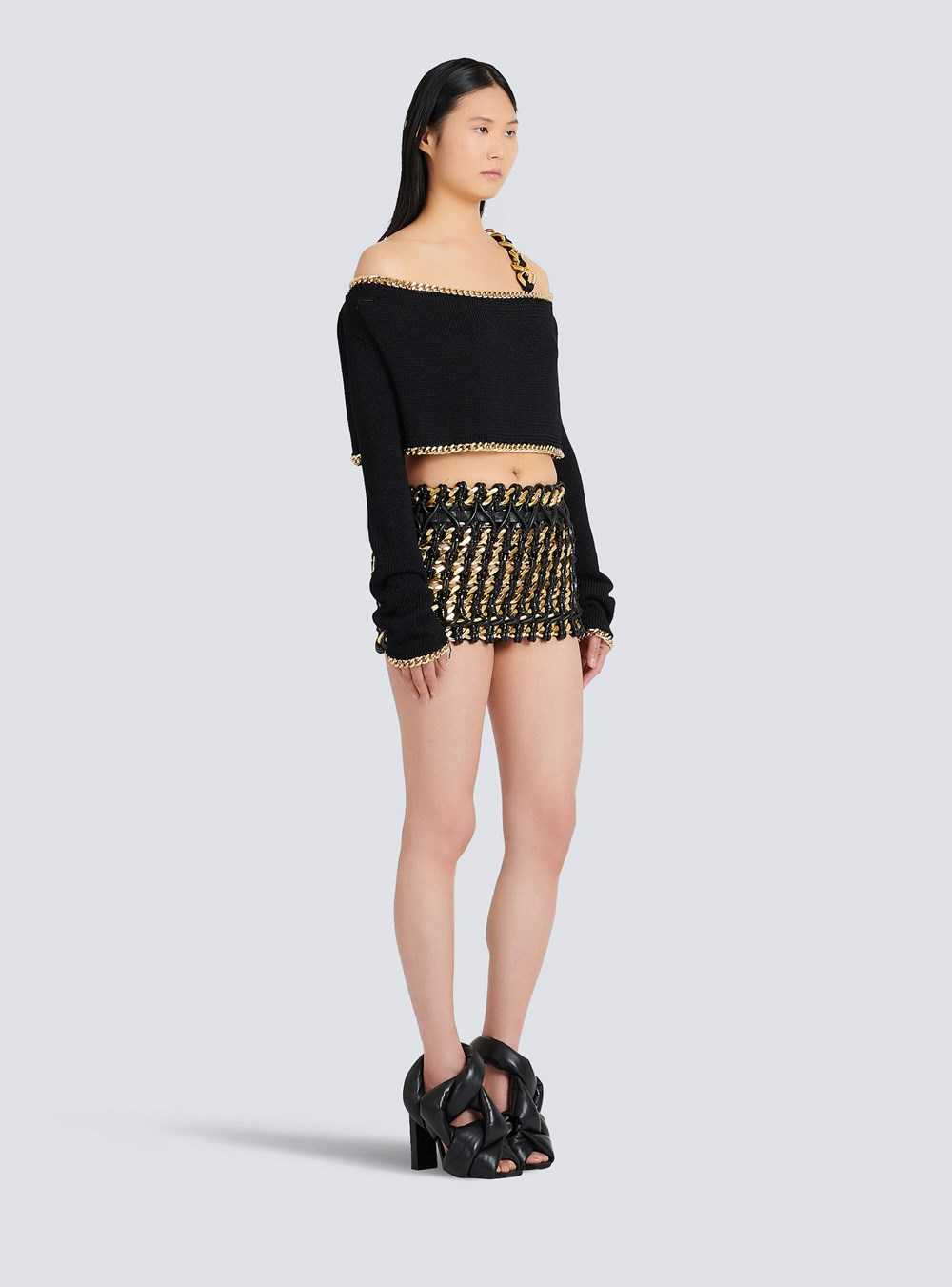 Balmain Cropped Eco-designed Knit Sweater Black | XEGASOQ-54