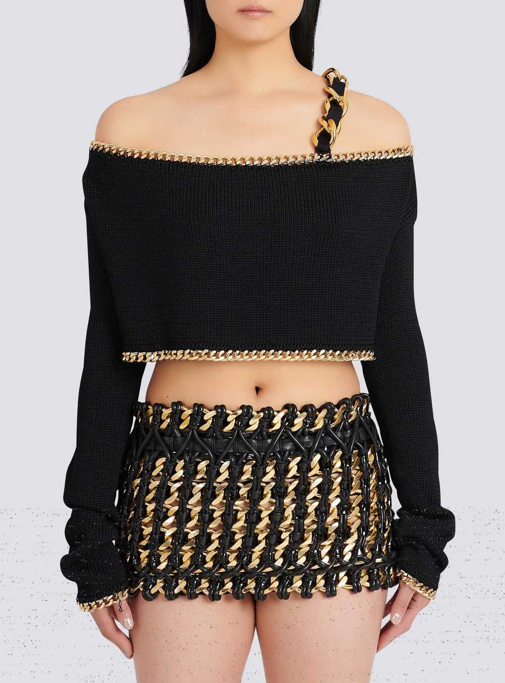 Balmain Cropped Eco-designed Knit Sweater Black | XEGASOQ-54