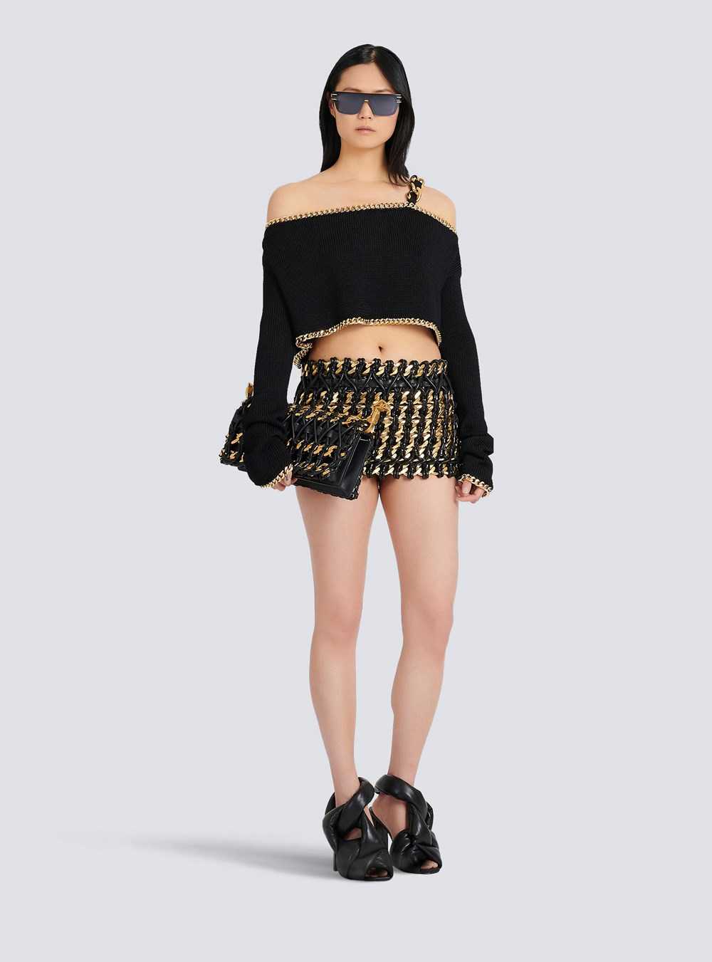 Balmain Cropped Eco-designed Knit Sweater Black | XEGASOQ-54