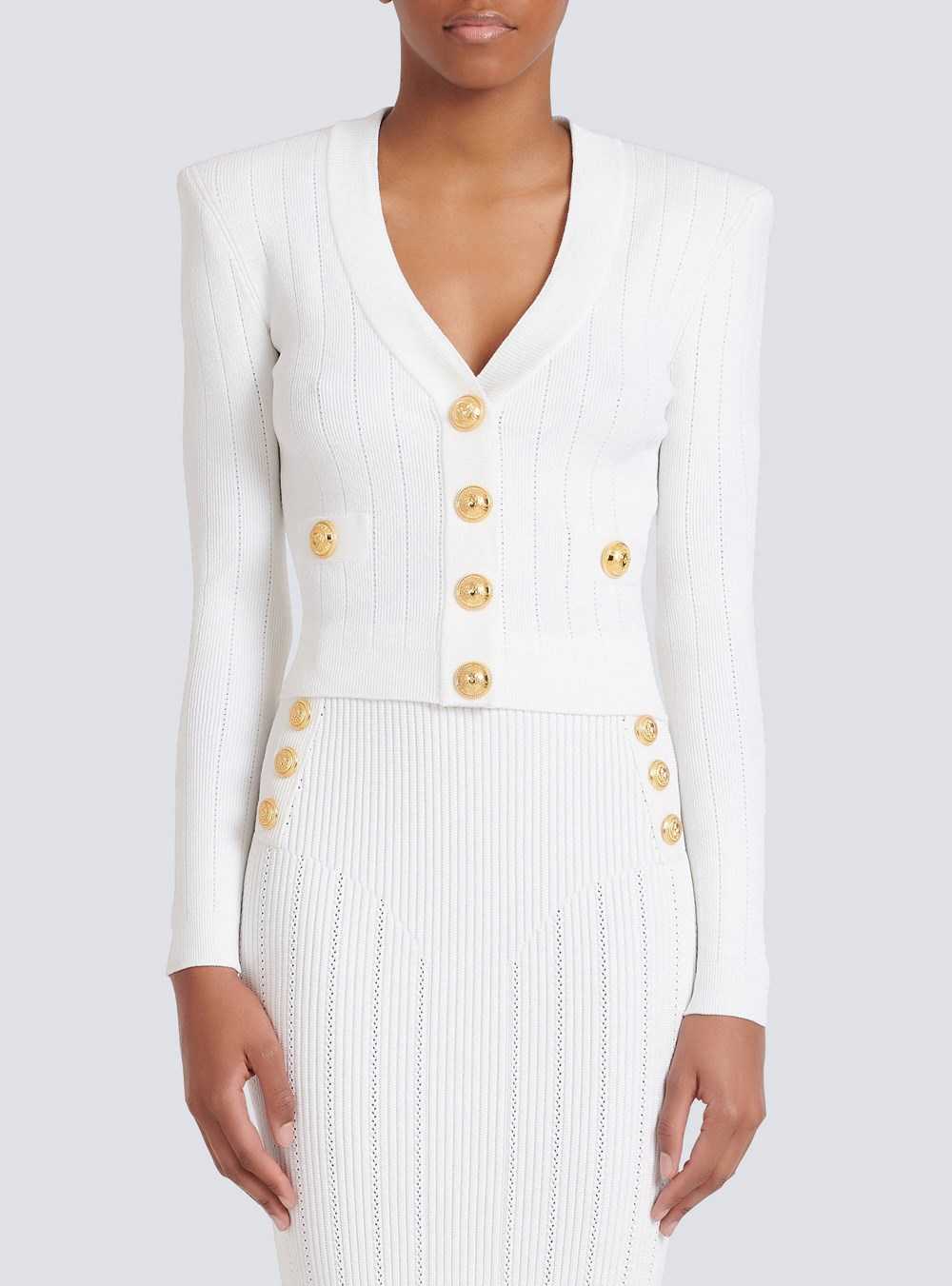 Balmain Cropped Knit Cardigan White | EYPQJBT-64