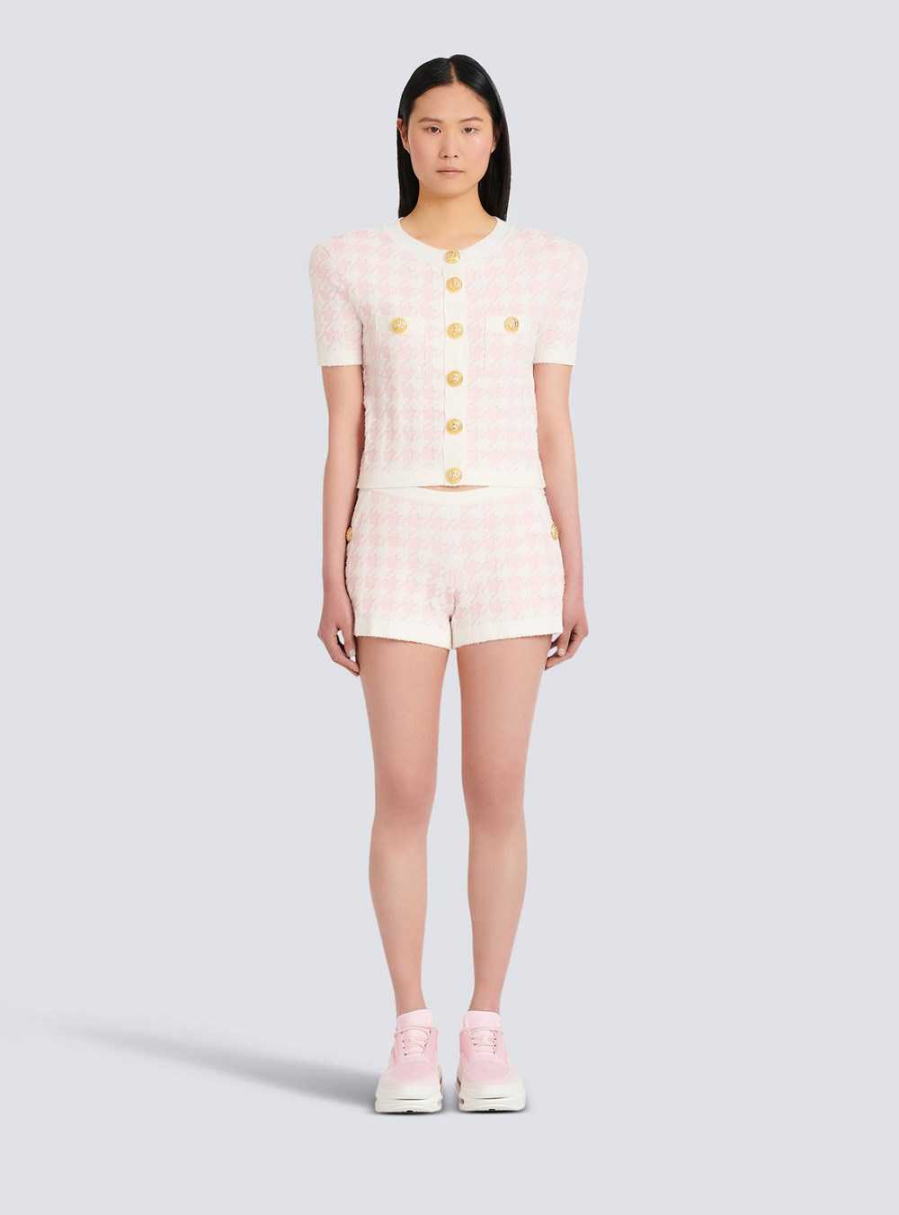 Balmain Cropped Knit Cardigan With Houndstooth Print Pink | JDOFKTS-10