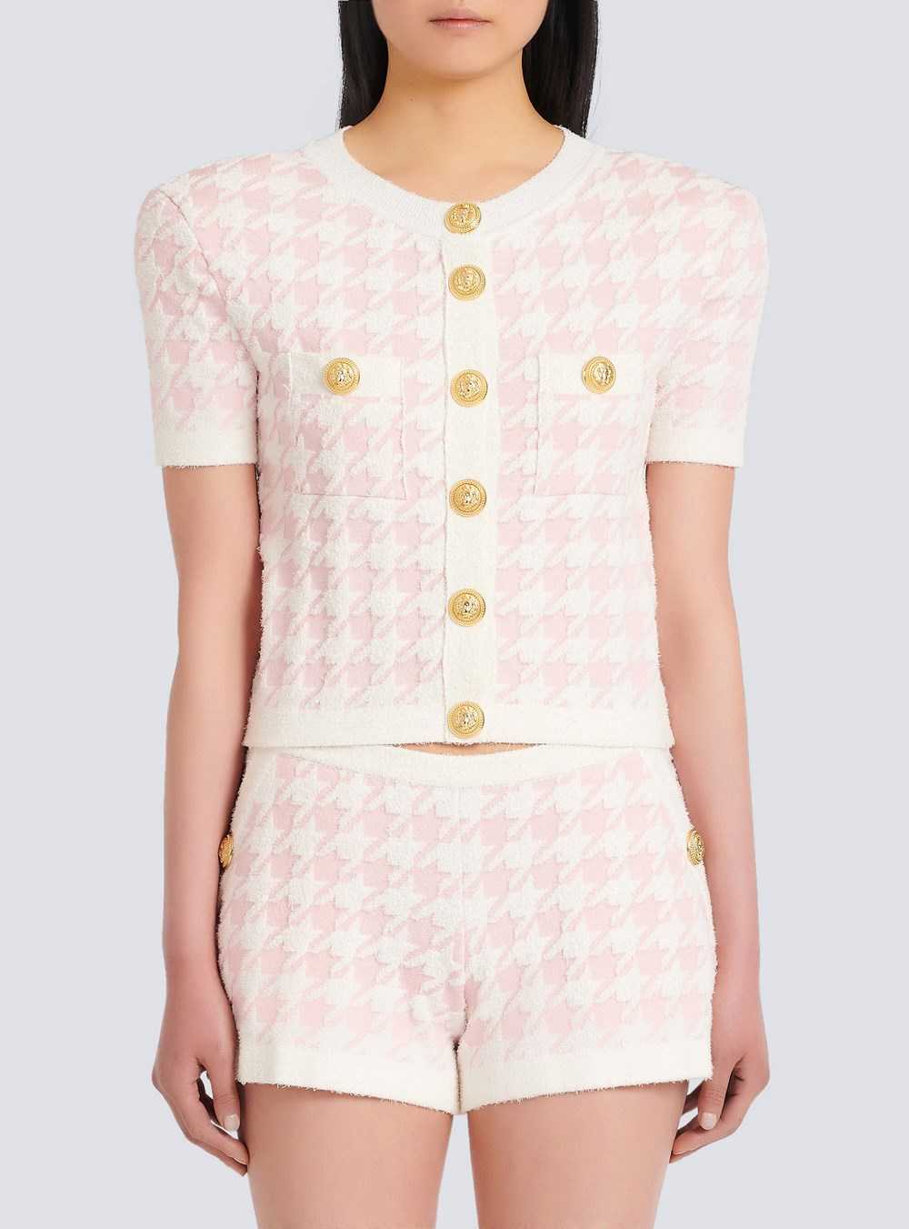 Balmain Cropped Knit Cardigan With Houndstooth Print Pink | JDOFKTS-10