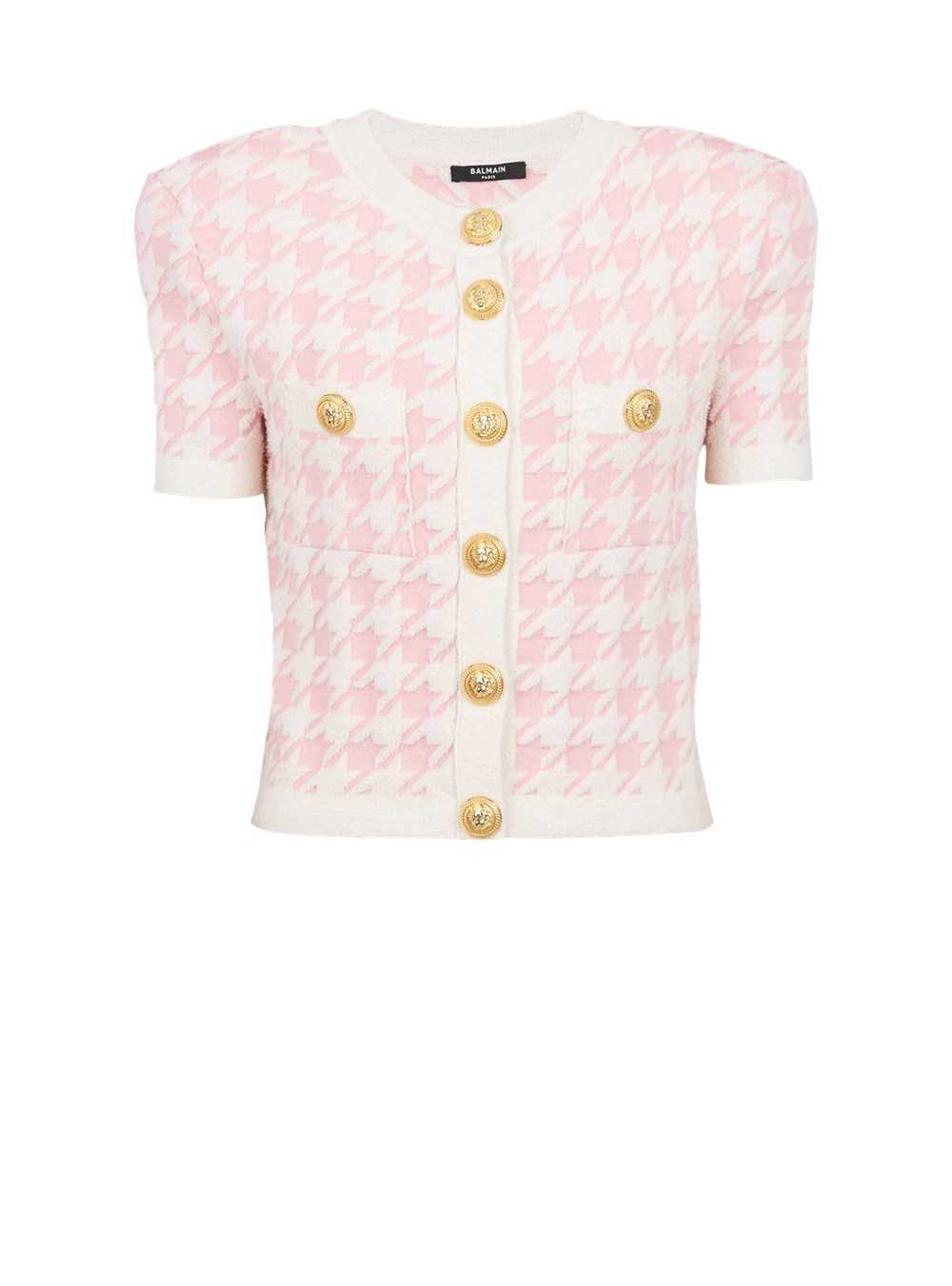 Balmain Cropped Knit Cardigan With Houndstooth Print Pink | JDOFKTS-10