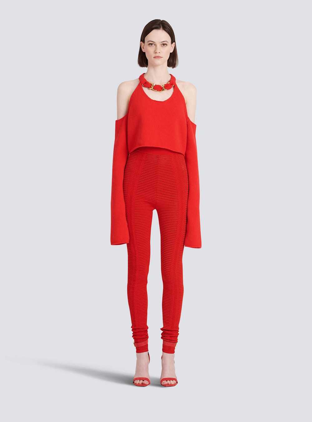 Balmain Cropped Knit Sweater Red | VLPKBOQ-19