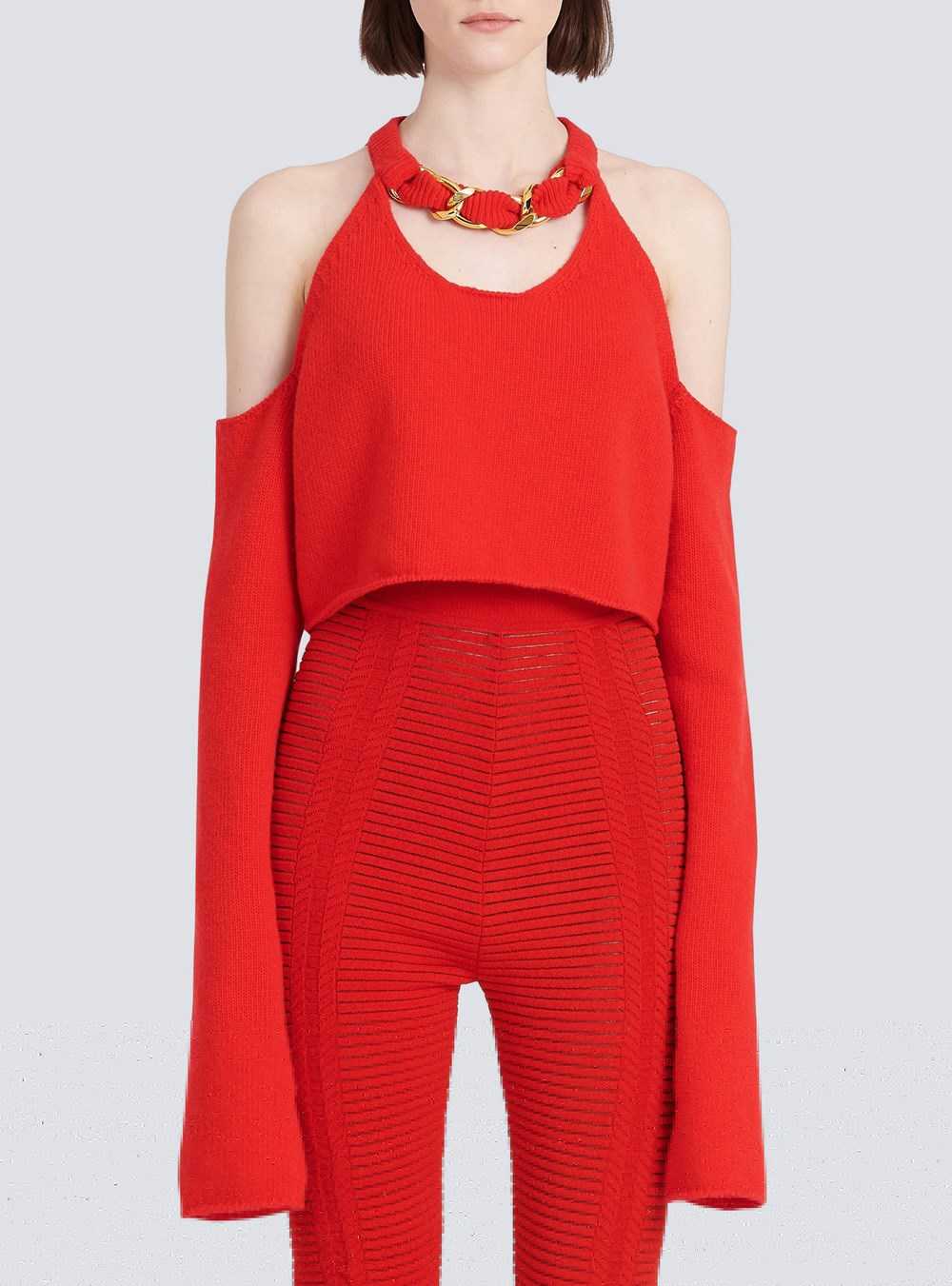 Balmain Cropped Knit Sweater Red | VLPKBOQ-19